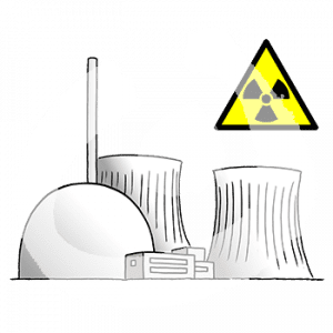Außenansicht eines Atomkraftwerkes. Darüber ist ein Strahlenwarnzeichen.