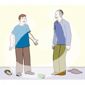 Zwei Personen stehen vor einander. Auf dem Boden liegen verschiedene Gegenstände.