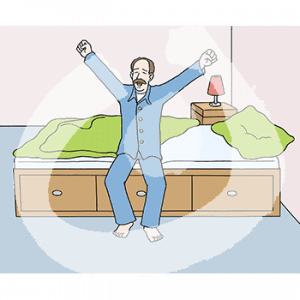 Eine Person in Schlafanzug sitzt auf einer Bettkante, streckt sich und gähnt.