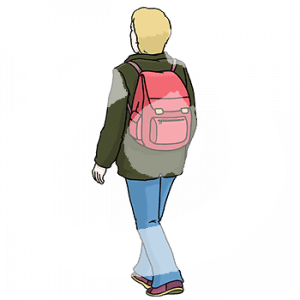 Rückenansicht einer Person mit Jacke und Rucksack.