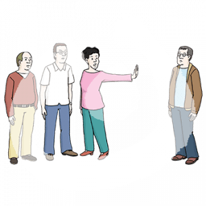 Drei Personen Hautfarbe stehen zusammen. Eine dieser Personen streckt die Hand weg und hält diese in Richtung eines Mannes.