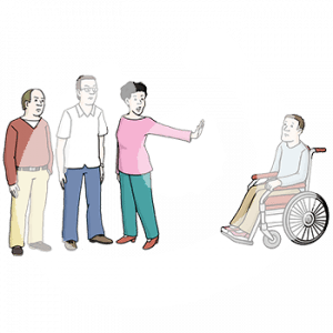 Drei Personen stehen zusammen. Eine dieser Personen streckt die Hand weg und hält diese in Richtung einer Person im Rollstuhl.