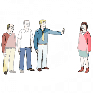 Drei Personen stehen zusammen. Eine dieser Personen streckt die Hand weg und hält diese in Richtung einer Frau.