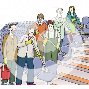 Sechs Personen mit Feudeln, Besen, Handschuhen und Eimern stehen zusammen. Sie putzen Stühle in einem großen Saal.