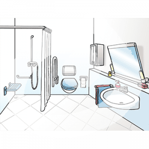 Eine Badezimmer mit behindertengerechter Dusche und Toilette. Daneben ist ein Waschbecken und ein Spiegel.
