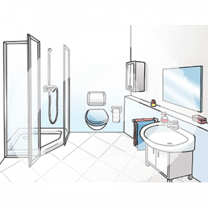 Ein Badezimmer mit Dusche, Toilette, Waschbecken und Spiegel.