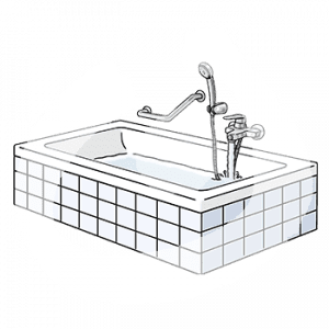 Eine volle Badewanne mit laufendem Wasserhahn.