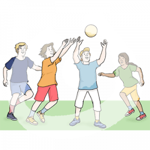 Vier Personen greifen nach einem in der Luft fliegenden Ball.