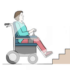 Eine traurige Person im Rollstuhl steht vor einer Treppe.