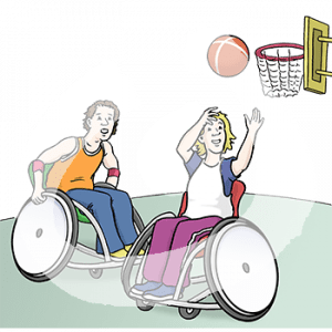 Zwei Personen in Rollstühlen mit Sportkleidung spielen Basketball.