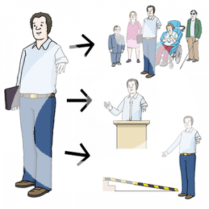 Ein Mann mit verkürztem Arm. Drei Pfeile zeigen auf drei kleine Bilder neben ihm. Das erste Bild zeigt den Mann mit einer Gruppe von Menschen mit körperlichen Behinderungen. Das zweite zeigt den Mann vor einem Rednerpult. Das dritte Bild zeigt wie er auf eine Rampe zeigt.