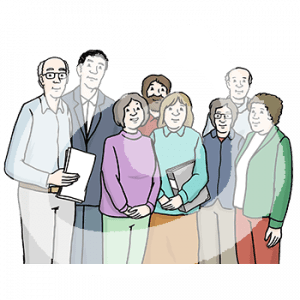 Acht Personen mit und ohne Ordner und Dokumenten stehen in einer Gruppe.