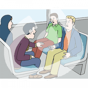 Ein ängstlicher Mann sitzt auf einer Bank in der Bahn. Ein anderer Mann fasst seinen Oberschenkel an. Ein dritter Mann sitzt neben der ersten Person und guckt wütend. Die Person die neben der zweiten Person sitzt, guckt ängstlich.