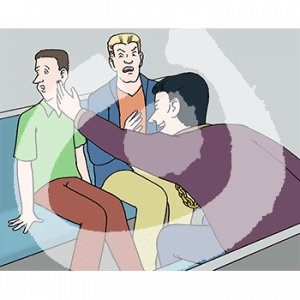 Ein ängstlicher Mann sitzt auf einer Bank. Ein anderer Mann fasst ihm ins Gesicht. Ein dritter wütender Mann hebt die Hand.