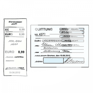 Ein Beleg mit der Aufschrift: EC 8,99 und EURO 8,99. Daneben ein Beleg mit der Aufschrift: Quittung und weiterem Text.
