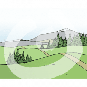 Ein Landschaft mit Hügeln, Wiesen, Bäumen, einem Weg und den Bergen.