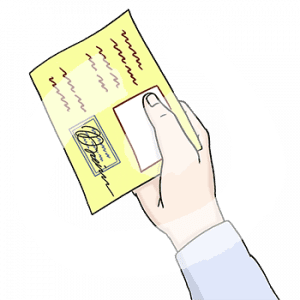 Eine Hand hält eine Bescheinigung mit Schrift, einem Stempel und einer Unterschrift.