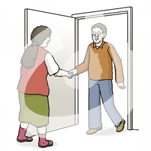 Eine Person steht in einer Tür und gibt einer anderen Person davor die Hand.