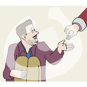 Eine Person sitzt mit ausgestreckter Hand auf dem Boden und guckt zur Seite. Eine Hand legt eine Münze in ihre Hand.