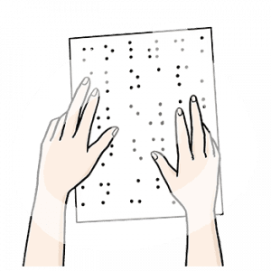 Zwei Hände lesen Blindenschrift auf einem Papier.