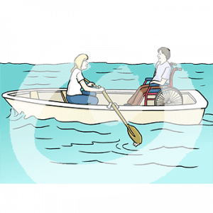 Zwei Personen in einem Ruderboot auf dem Wasser. Eine Person sitzt im Rollstuhl.