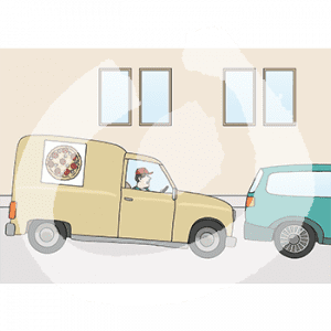 Eine Person in einem Lieferwaren steht knapp hinter einem anderen Auto. Die Hinterreifen des Lieferwagens sind in der Luft.