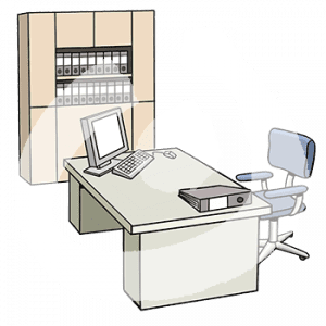 Ein Schreibtisch mit einem Computer und einem Ordner. Daneben steht ein Schrank mit Ordnern.