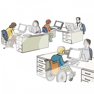 Sechs Personen sitzen jeweils zu zweit an einem Schreibtisch an Computern.