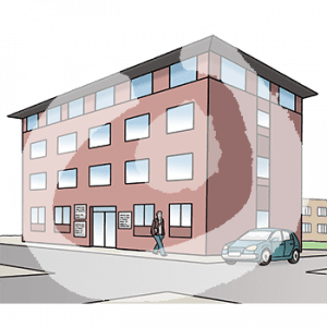 Eine Person läuft an einem großen, dreistöckigen Gebäude vorbei. Daneben steht ein Auto.