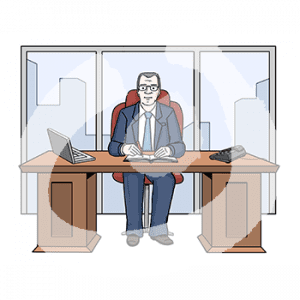 Ein Mann sitzt an einem Schreibtisch mit Laptop, Telefon und aufgeschlagenem Heft. Im Hintergrund ist die Skyline einer Stadt.