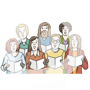 Sieben Personen mit offenen Mündern und aufgeschlagenen Heften. Sie stehen zusammen.