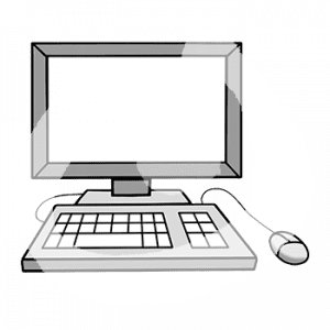 Ein Bildschirm, eine Tastatur und eine Maus.