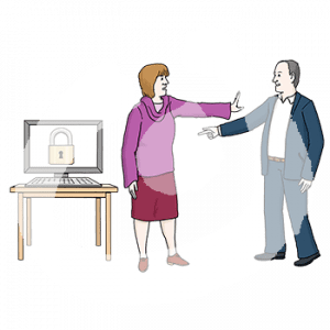 Eine Person zeigt auf eine andere Person die mit abwehrend erhobener Hand vor einem Computer steht. Auf dem Bildschirm ist ein Vorhängeschloss.