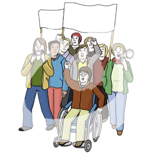 Zehn wütende, rufende Personen mit Schildern, Megafon und erhobenen Fäusten.