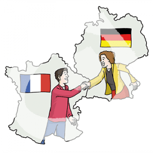 Zwei Flächen in Form von Deutschland und Frankreich sind nebeneinander. In jeder Fläche ist eine Person und die jeweilige Flagge des Landes. Sie geben sich die Hand.