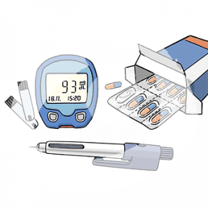 Eine Insulinspritze, Tabletten, Messstreifen und ein Blutzuckermessgerät.
