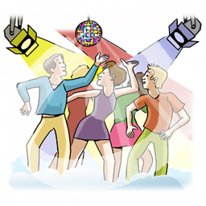 Fünf tanzende Personen unter Scheinwerfern und einer Diskokugel.