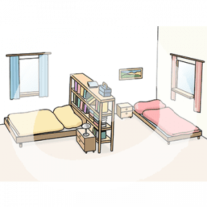 Ein Zimmer mit zwei Einzelbetten. Der Raum wird von einem Bücherregal getrennt.