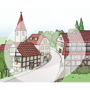 Häuser, Fachwerkhäuser, Gärten, Bäume und eine Kirche. Dazwischen ist eine Straße mit vereinzelten Personen.