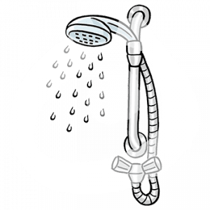 Ein Duschkopf an einer Duschstange.