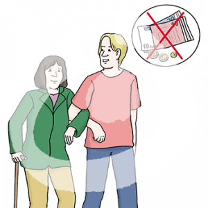 Eine Person mit Krückstock geht unterhakt mit einer anderen Person. Daneben ist ein eingekreistes Bild mit durchgestrichenem Geld.