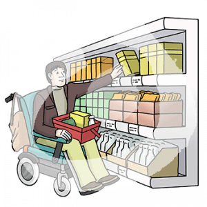 Eine Person im Rollstuhl mit Einkaufskorb auf dem Schoß. Sie greift nach einer Verpackung aus einem Regal.