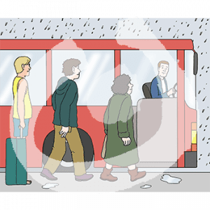 Drei Personen stehen vor einer offenen Bustür.