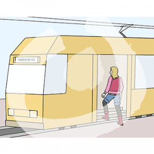 Eine Person betritt eine Straßenbahn.