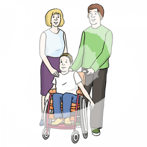 Ein Mann und eine Frau stehen hinter einem Kind im Rollstuhl.