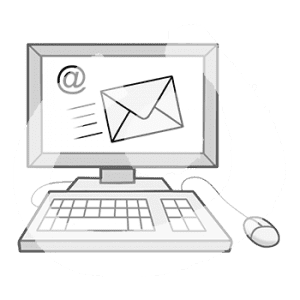 Ein Computer. Auf dem Bildschirm ist ein fliegender Briefumschlag und ein @-Symbol.