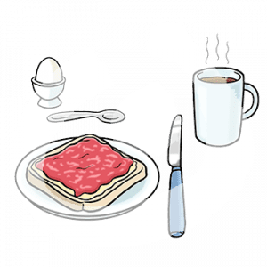 Ein Teller mit einem Marmeladentoast, ein Ei, Besteck und ein dampfender Becher.