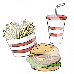 Ein Burger, Pommes und ein Becher mit Strohhalm.