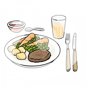 Ein Teller mit Gemüse und Fleisch, eine Schüssel, Besteck und ein Glas.