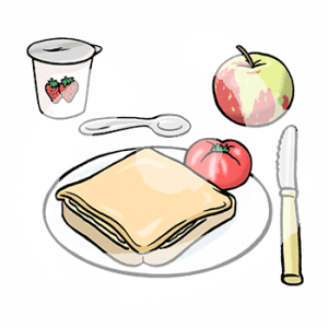 Ein Teller mit einem belegten Brot, eine Tomate, ein Apfel, Besteck und ein Joghurt.